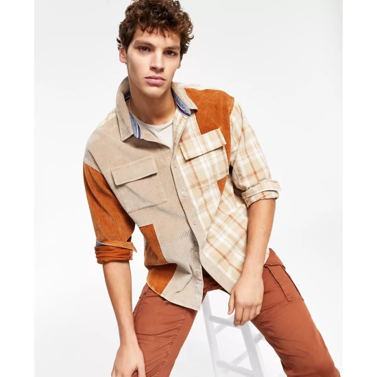 Budget π Sun + Stone Men's Bishop Patchwork π Shirt, Created For Macy's Beige π 6 Budget π Sun + Stone Men's Bishop Patchwork π Shirt, Created For Macy's Beige π - Image 4