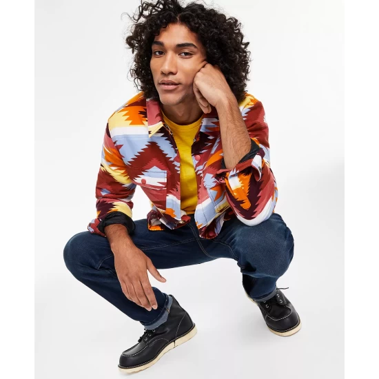 Discount π₯ Sun + Stone Men's Tompkins Regular-Fit Geo-Print Fleece-Lined Flannel π Shirt Jacket, Created For Macy's Vintage White Combo π― 6 Discount π₯ Sun + Stone Men's Tompkins Regular-Fit Geo-Print Fleece-Lined Flannel π Shirt Jacket, Created For Macy's Vintage White Combo π― - Image 4