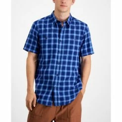 New π Sun + Stone Men's Regular-Fit Plaid π Shirt, Created For Macy's Pompador Blue π