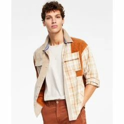 Budget 😀 Sun + Stone Men's Bishop Patchwork 👚 Shirt, Created For Macy's Beige 👍