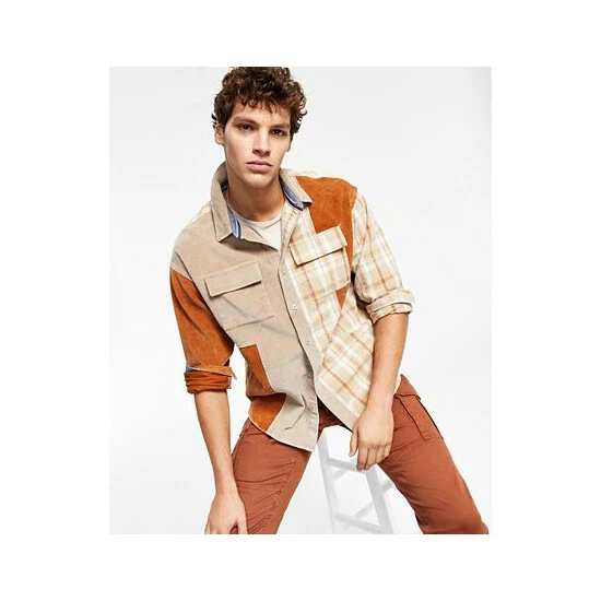 Budget π Sun + Stone Men's Bishop Patchwork π Shirt, Created For Macy's Beige π 5 Budget π Sun + Stone Men's Bishop Patchwork π Shirt, Created For Macy's Beige π - Image 3