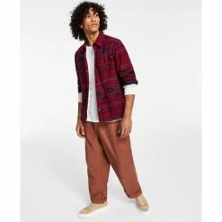 Hot Sale 🔔 Sun + Stone Men's Rider Regular-Fit Geo-Print Fleece-Lined Flannel 👚 Shirt Jacket, Created For Macy's Dark Scarlet 🔔