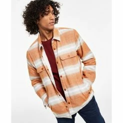 Flash Sale 😉 Sun + Stone Men's Kip Regular-Fit Stripe Fleece-Lined Flannel 👕 Shirt Jacket, Created For Macy's Caramel Cafe 🤩