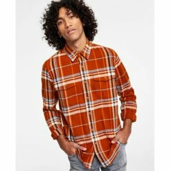 Brand new 😉 Sun + Stone Men's Paulie Regular-Fit Plaid Flannel 👚 Shirt, Created For Macy's Caramel Cafe 💯